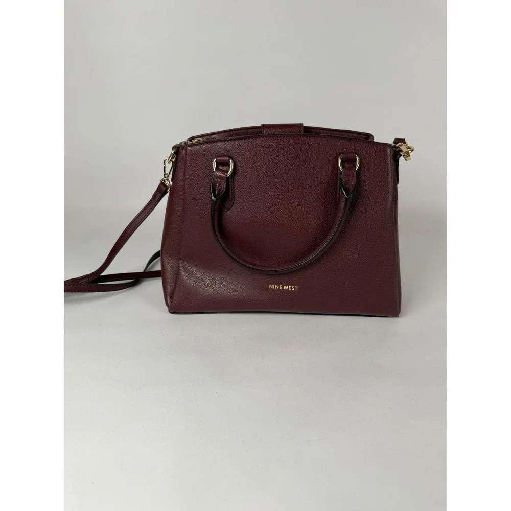 Nine West Burgundy Pebbled Faux Leather Satchel Crossbody Bag Gold‎ Hardware